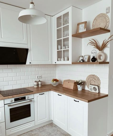 Wooden Kitchen Cabinets With White Appliances, Small Kitchen Remodel 2023, Tony Kitchen Remodel, Kitchen Inspo Aesthetic Modern, Modern Boho Kitchen Cabinets, Small Kitchen Remodel Boho, Builder Kitchen Upgrade, Small Livingroomideas House, White Kitchen Cabinets With Wood Counter