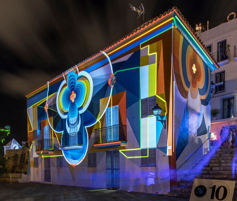 Graffiti and Projection Mapping at the Ibiza Light Festival - Projection Mapping Central 3d Projection Mapping, Light Fest, 3d Mapping, Green Facade, Light Festival, Map Murals, Interactive Installation, Projection Mapping, Art District