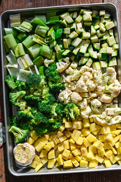 Super Green Sheet Pan Soup With Pest Grilled Cheese Croutons, Green Sheet Pan Soup, Super Green Soup, Crowded Kitchen Sheet Pan Soup, Super Green Sheet Pan Soup, Spring Sheet Pan Dinners, Plant Based Sheet Pan Recipes, Spring Vegetable Soup, Sheet Pan Soup Recipe