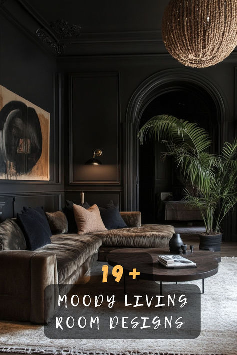 🖤 Create A Living Room With Serious Character! These 19 Dark And Moody Designs Will Show You How To Master The Art Of Dramatic Interiors. Click To Transform Your Space Into A Sophisticated Haven ✨ #MoodyInteriors #DarkDecor #LivingRoomDesign #DramaticDecor #InteriorStyle #ModernHome #LuxeSpace Dark Luxe Living Room, Gothic Glam Living Room, Cozy Dark Living Room Paint Colors, Gothic Style Living Room Ideas, Dark Room Minimalist, Mid Century Luxury Interior, Dark Woodwork Living Room, Dark Living Room Aesthetic Cozy, Black Walls And Ceiling Living Room