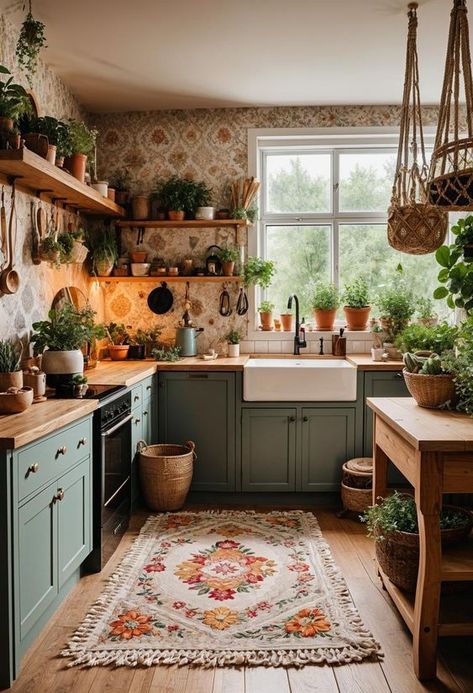 Coastal Boho Kitchen, Boho Style Kitchen, Boho Kitchen Decor, Lots Of Plants, Kitchen Design Pictures, Organizing Hacks, Boho Kitchen, Cottage Kitchen, Boho Home