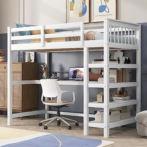 Loft Bed Desk, Loft Bed With Storage, Desk And Shelves, Wood Loft Bed, Gamer Bedroom, Loft Bed With Desk, Twin Size Loft Bed, Bed With Desk, Twin Loft Bed