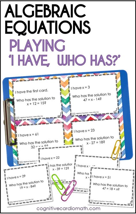 Algebraic Equations Activity: I Have, Who Has - Cognitive Cardio Math Algebra Games Middle School, Hands On Algebra Activities, One Step Equations Activities, Algebra Activities High School, Math Activities Middle School, Algebraic Expressions Activities, Learning Pods, Inequalities Activities, Algebra Games