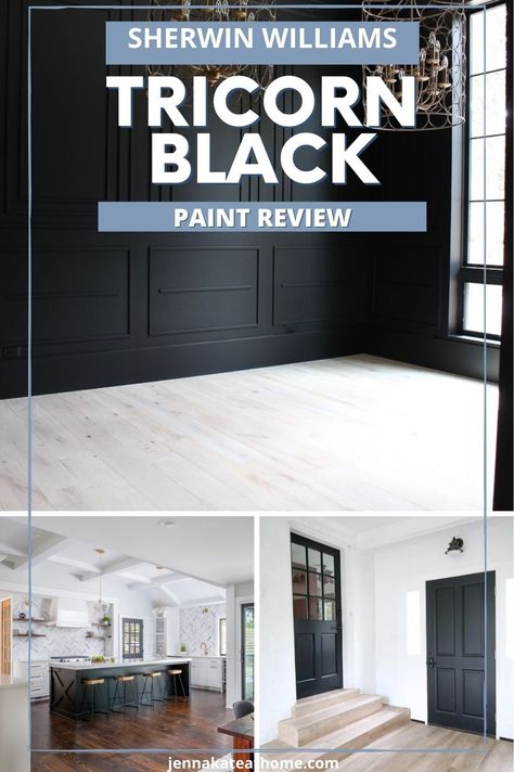 Are you looking for the perfect shade of black paint for an accent wall, kitchen island or even just your front door? Whether you want to go bold with all over color or just as a touch of contrast, Sherwin Williams Tricorn Black is one of the best shades of black paint. Read this full paint review to see if it's the right color for your home! Black Paint Kitchen Cabinets, Best Black Sherwin Williams Paint, Black Paint For Kitchen Island, Painting Kitchen Island Black, Sherwin Williams Black Cabinets, Black Front Door Colors Sherwin Williams, Best Black Paint For Accent Wall, Black Interior Doors Kitchen, Sherwin Williams Black Door Paint