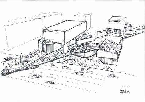 'Highline' concept , architecture design, sky bridge integrated with communal space Bridge Architecture Concept, Gathering Space Architecture, Architectural Thesis, Communal Space, Unique Bedroom Design, Sky Bridge, Building Sketch, Architecture Model Making, Hospital Design