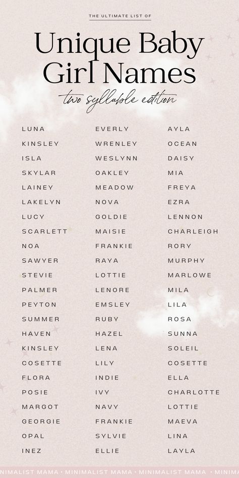 a pink list of baby names that are all two syllables