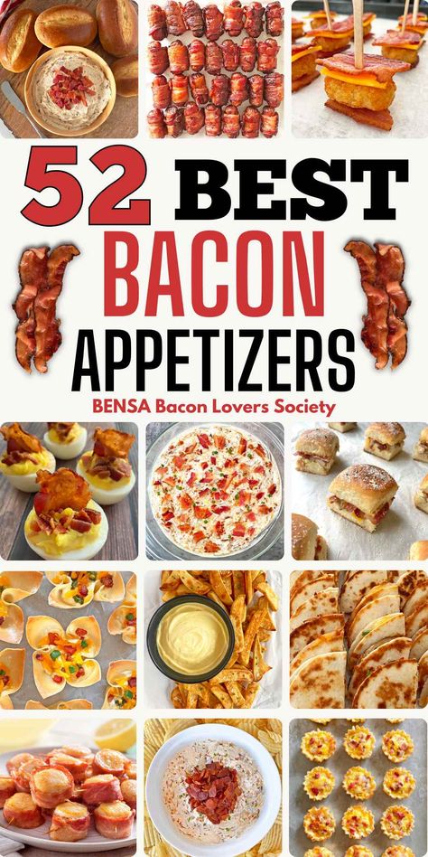 A collage of a dozen bacon appetizers. Candy Bacon Recipe Appetizers, Bacon Snacks Easy, Bacon Finger Food Ideas, Bacon Wrapped Finger Foods, Bacon Wrapped Sausage Appetizers, Bacon Brunch Appetizers, Fun Bacon Ideas, Cheddar Bacon Pinwheels, Apps With Bacon