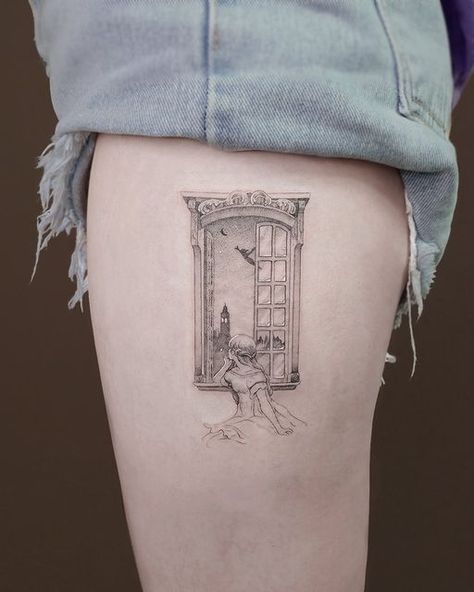 Peter Pan Window, Window Tattoo, Peter Pan Tattoo, Circle Tattoo, Cute Little Tattoos, Line Art Tattoos, Book Tattoo, Elegant Tattoos, Disney Tattoos