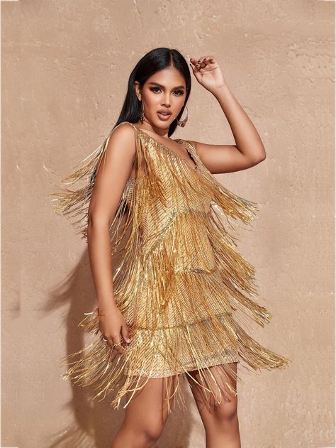 Fringe Trim Sequin Bodycon Dress | SHEIN USA Gold Fringe Dress, Fringe Dresses, Cowboy Outfit, Bodycon Dress Online, Gold Fringe, Sequin Bodycon Dress, Shein Dress, Game Dresses, Fringe Dress