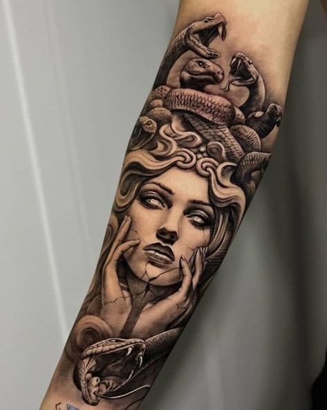 Unique Medusa Tattoo Sleeve, Greek Medusa Tattoo, Medusa Shin Tattoo, Medusa Forearm Tattoo Women, Half Medusa Tattoo, Pretty Medusa Tattoo, Medusa Forearm Tattoo, Medusa Tattoo Design For Women, Medusa Thigh Tattoo