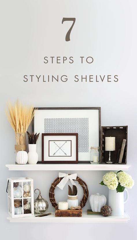 How to Style Shelves in 7 Simple Steps {and My Fall Shelf Decor Floating Shelves Above Console Table, How To Style Narrow Shelves, Styling Narrow Shelves, Decorating Narrow Shelves, Narrow Shelf Styling, Staggered Floating Shelves Living Room, Decor For Floating Shelves, Narrow Shelf Decor, Over Tv Decor