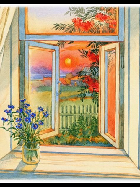 Window Frame Art Ideas, Window Drawings Art, Drawing Window View, Window Perspective Drawing, Painting Of A Window View, Through A Window Painting, Open Window Drawing, Window View Drawing, Painting Of Window