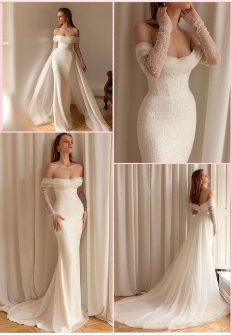 Wedding Fishtail Dress, Wedding Dress Long Sleeve Sparkle, Simple Elegant Wedding Dress Satin, Short Chic Wedding Dress, Bride Trends 2023, Classic Feminine Wedding Dress, Wedding Dresses Overskirt, Wedding Dress Trends For 2023, Simple Wedding Dress With Sleeves Classy Sophisticated Bride