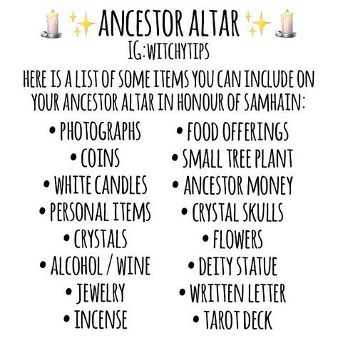 ✨ Witchy Tips ✨ (@witchytips) on Instagram: “Ancestor altar items ✨ Always honour your ancestors!” Ancestor Altar Ideas, Ancestor Altar, Altar Items, Samhain Altar, Wiccan Sabbats, Altar Ideas, Witchy Tips, Samhain Halloween, Eclectic Witch