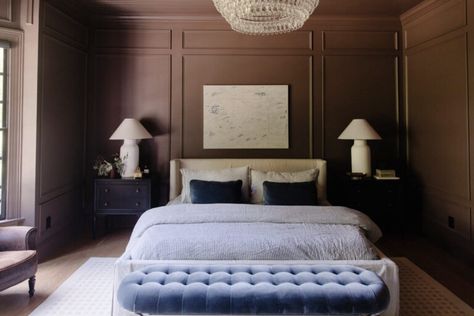 Slow Decorating in Our Bedroom - Chris Loves Julia Chris Loves Julia Bedroom, Panelling Inspiration, Chris Loves Julia Loloi, Bedroom Paneling, Brown Bedroom Walls, Marsh House, Dark Brown Bedrooms, Brown Interiors, Dark Brown Walls