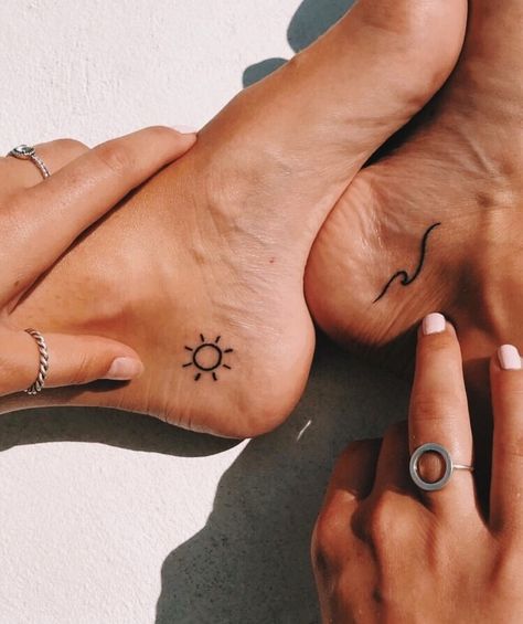 Beachy Tattoos, Small Foot Tattoos, Unique Small Tattoo, Foot Tattoos For Women, Small Girl Tattoos, Inspiration Tattoos, Beach Tattoo, Sun Tattoos, Waves Tattoo