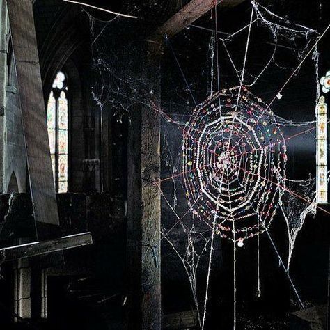 Man made spiderweb out of beads Into The West, Beaded Spiders, Bohemian Inspiration, Beaded Curtains, Boho Dekor, Dream Catchers, Sun Catcher, Art Plastique, Abandoned Places