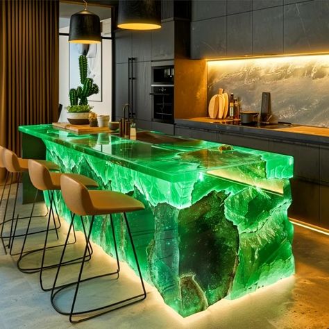 Crystal Epoxy Kitchen Islands: Transforming Culinary Spaces with Elegance and Innovation - ArtistryApex.com Epoxy Backsplash Kitchen, Epoxy Bar Top Ideas, Epoxy Kitchen Countertops, Modern Dining Table Design, Dining Table Design Ideas, Stairs Room Ideas, Home Decor Stairs, Epoxy Kitchen, Stairs Room