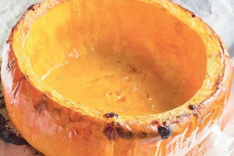 Using A Pumpkin As A Bowl, Pumpkin Serving Bowl, Roast Whole Pumpkin, Pumpkin Bowl, Pumpkin Bowls, Biggest Pumpkin, Pumpkin Uses, Pumpkin Pudding, Fancy Dinner Party