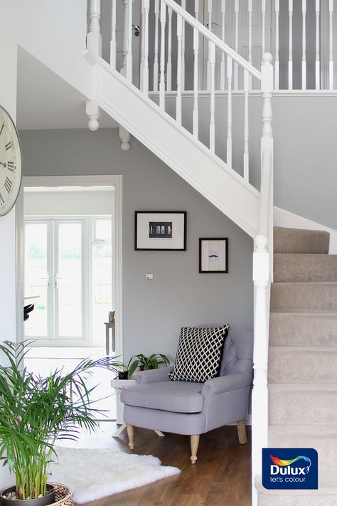 Jess created this stylish hallway using Dulux in Chic Shadow and Jasmine White. Dulux Chic Shadow, Hallway Paint Colors, Chic Shadow, Dulux Paint Colours, Grey Hallway, White Hallway, Hallway Paint, White Staircase, Hallway Colours