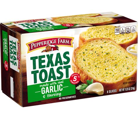 Frozen Garlic Bread - Pepperidge Farm Toast Sandwich Ideas, Garlic Texas Toast, Frozen Garlic, Texas Toast Garlic Bread, Frozen Garlic Bread, Frozen Food Packaging, Sandwich Ideas, Texas Toast, Toast Sandwich