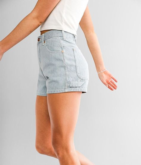 Carpenter Shorts Outfits Women, Women’s Shorts, Striped Denim Shorts, Striped Shorts Outfit, Summer Outfits Athletic, Alt Summer Outfits, Carpenter Overalls, Vintage Summer Outfits, Vintage High Waisted Shorts