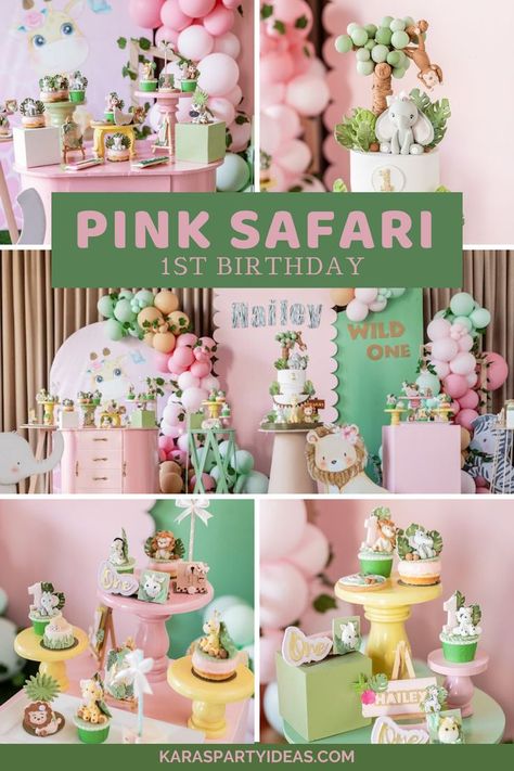 Safari Pink Birthday Party, Wild One Birthday Cake Pink, Pink Safari Baby Shower Centerpieces, Pink Jungle Theme Birthday, Pink Party Animal Birthday, Pink Jungle Birthday Party, Pastel Jungle Theme Birthday Party, Pink Two Wild Party, Pink Safari Birthday Party Decoration