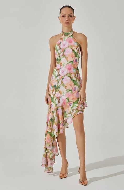 Asymmetric Floral Halter Midi Dress – ASTR The Label Asymetrical Dress, Trendy Bridesmaids, Beach Wedding Attire, Summer Cocktail Dress, Floral Cocktail Dress, Bridal Shower Dress, Pink Bridesmaid Dresses, Halter Midi Dress, Astr The Label