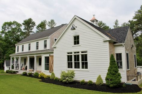 Barn Lights Help Transform Garrison Style Home to Classic Farmhouse | Inspiration | Barn Light Electric Garrison Colonial Exterior, Garrison Colonial, Garrison House, Colonial Remodel, Barn Lights, White Siding, Barn Light Electric, Black Wall Lights, Colonial Exterior