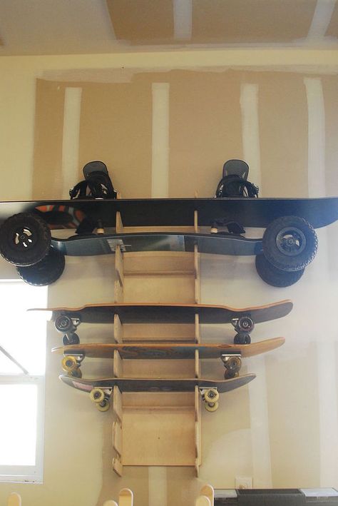 Organize My Garage, Skateboard Storage, Wakeboard Rack, Garage Storage Plans, Skateboard Rack, Gear Room, Snowboard Racks, Skateboard Wall, Ski Rack