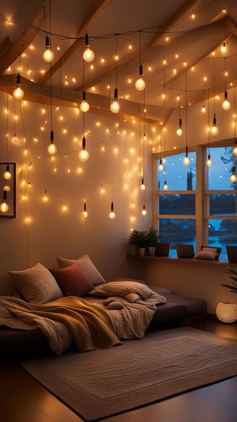 Fairy Ceiling Lights, Rustic String Lights Bedroom, Bedroom With Hanging Lights, How To Hang Fairy Lights On Ceiling, Fairy Lights Across Ceiling, Cozy Ceiling Lights, Hygge Lighting Ideas, String Lights Bedroom Ceiling, Dangle Lights