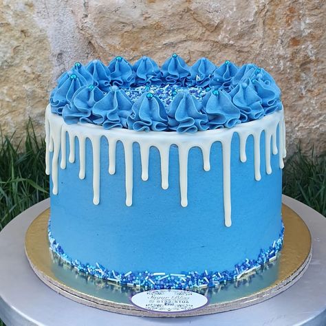 Cake Ideas Preppy, Blue Icing Cake, Cake Designs Blue, White And Blue Cake Design Birthday, Blue Birthday Cake Ideas, Preppy Baking, Blue Bday Cake, Blue Cake Designs Birthday, Easy Blue Cake Decorating