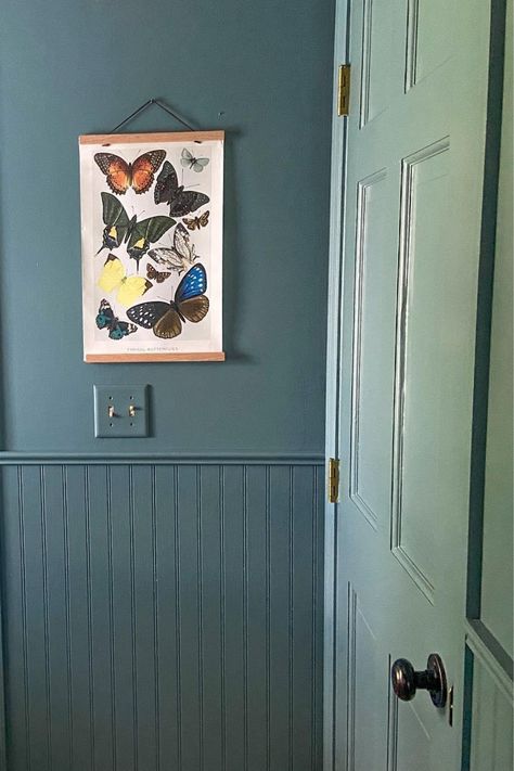 This mudroom and laundry room had a makeover! Check out the details on the blog.   Aegean Teal by Benjamin Moore. Butterfly print by Lindsay Letters Company. Painted doors. Painted trim. Teal Trim Interior, Bm Aegean Teal, Dark Teal Laundry Room, Agean Teal Bathroom, Aegean Teal Bathroom, Agean Teal Benjamin Moore, Teal Mudroom, Benjamin Moore Dragonfly, Teal Entryway