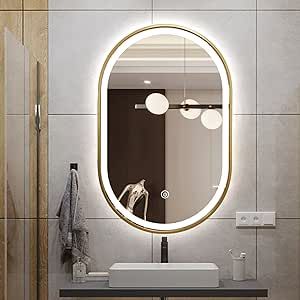 TheiaMo 36"x24" Oval LED Bathroom Mirror, Oval Lighted Vanity Bathroom Mirror with Gold Frame Wall Mounted Oval Mirror with Lights Anti-Fog Smart Mirror, 3 Color, IP65 Vertically&Horizontally Mirror With Gold Frame, Vanity Bathroom Mirror, Lighted Vanity, Mirror Oval, Gold Frame Wall, Led Bathroom Mirror, Smart Mirror, Mirror 3, Vanity Bathroom