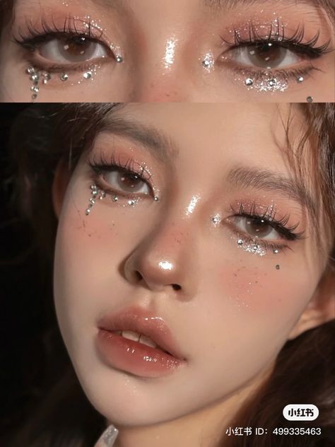 Heavenly Makeup Looks, Brown And White Makeup, Makeup With Jewels, Angel Make Up, Ethereal Makeup Goddesses, Flower Knows Makeup, Disco Makeup, Japan Makeup, Angel Makeup