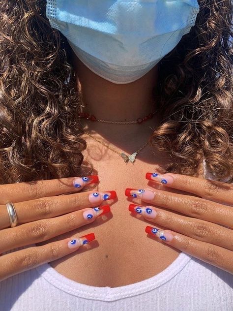 Evil Eye Red Nails, Red Nails With Evil Eye, Evil Eye Nails Red, Red And Blue French Tip Nails, Evil Eye Acrylics, Red Evil Eye Nails, Acrylic Nails Evil Eye, Evil Eye Acrylic Nails, Evil Eye Nails