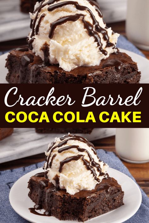 Cracker Barrel Coca Cola Cake (Copycat Recipe). This double chocolate fudge coca-cola cake is rich, creamy and best served with a side of vanilla ice cream. Copycat Recipes Desserts, Chocolate Coca Cola Cake, Cracker Barrel Copycat Recipes, Cracker Dessert, Coke Cake, Cracker Barrel Recipes, Coca Cola Cake, Chandelier Cake, Cola Cake