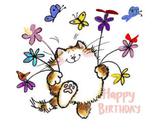 Pretty Kitty:  Happy Birthday to You via GIPHY  gif, butterflies, flowers, smiling cat Penny Black Stamps, Image Chat, Cats Breeds, Digi Stamps, Penny Black, Watercolor Cards, Cat Drawing, A Drawing, Whimsical Art