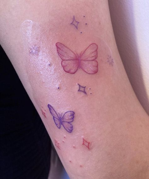 Pink Purple Tattoo, Purple Ink Tattoo Words, Purple Butterflies Tattoo, Purple And Pink Butterfly Tattoo, Blue And Pink Tattoo, Pink Linework Tattoo, Purple Tattoo Aesthetic, Pink Tattoo Dark Skin, Lilac Butterfly Tattoo