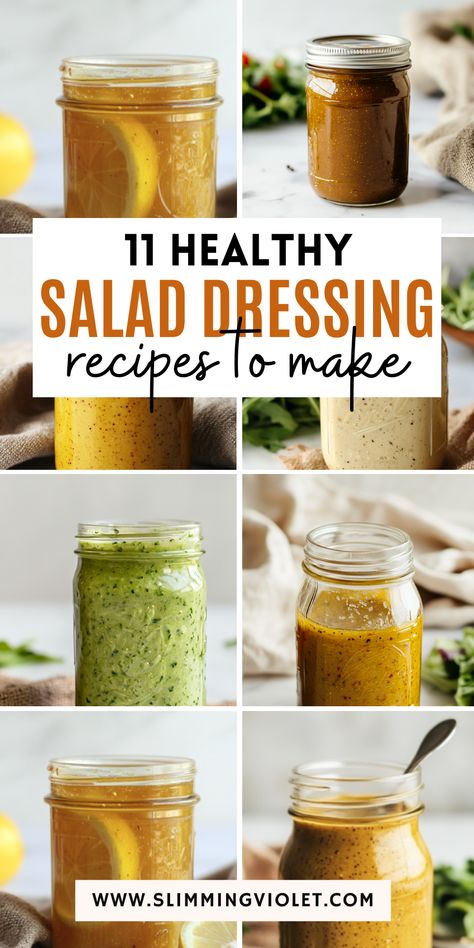 Finding the perfect salad dressing that’s both healthy and flavorful can be a struggle. These 11 homemade salad dressing recipes are easy to make, free of unnecessary additives, and packed with fresh ingredients. Save this pin for your go-to guide to elevating every salad! Homemade Salad Dressings Healthy Easy, Olive Oil Salad Dressing Recipe, Salad Dressings Homemade, Healthy Homemade Salad Dressing, Healthy Homemade Salad Dressing Recipes, Homemade Salad Dressing Recipes, Olive Oil Salad Dressing, Diy Salad Dressing, Gluten Free Dressing