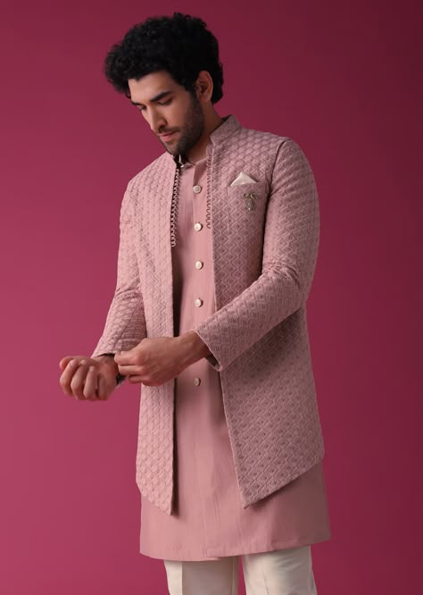 Onion Pink Jacket Kurta Set In Silk Blend With Threadwork And Sequins Men Designer Kurta Outfit, Wedding Kurtas Mens, Sherwani For Brothers Wedding, Mens Sangeet Outfit Weddings, Mens Outfits Indian Wedding, Wedding Sangeet Outfits For Men, Engagement Dress For Men Pink, Wedding Outfit For Bride's Brother, Indian Designer Suits Men