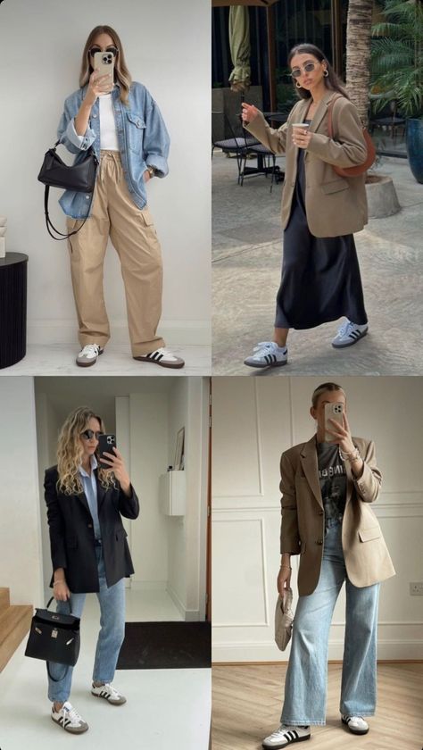 Samba Office Outfit, Chic Outfits With Sneakers, Casual Theater Outfit, Sambas Adidas Women Outfit Classy, Korean Airport Fashion Women, Office Outfit With Sneakers, How To Style Adidas Samba, Looks Adidas, Adidas Samba Outfit