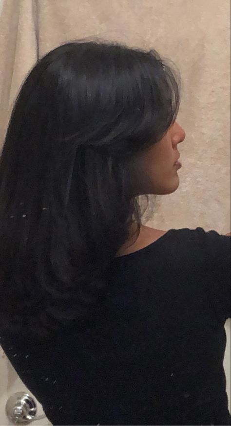 Straight Long Brown Hair With Curtain Bangs, Black Hair Inspo Medium Length, Medium Length Haircut Black Hair, Short Layered Haircuts Straight Hair, Short Black Hair With Layers, Black Hair Shoulder Length, Mid Length Black Hair, Thick Wavy Haircuts, Layered Haircuts Straight Hair