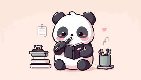 A drawing of a panda reading a book with the words quot panda quot on the bottom | Premium AI-generated vector Cute Panda Wallpaper For Laptop, Panda Wallpaper Laptop, Cute Desktop Wallpaper Aesthetic Laptop, Panda Reading Book, Panda Illustration, Laptop Wallpaper Desktop Wallpapers, Cute Panda Wallpaper, Kawaii Illustration, Cute Desktop Wallpaper