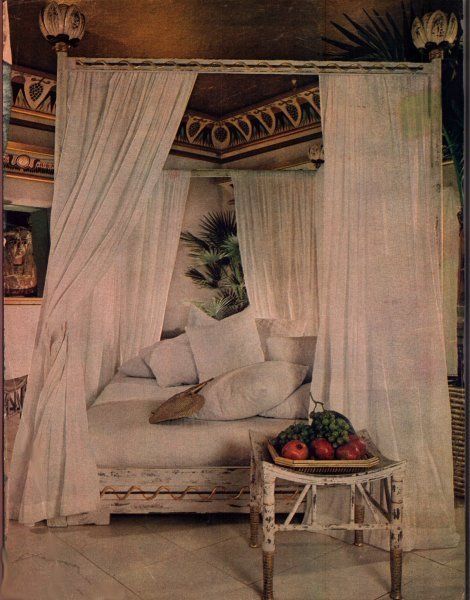 An Ancient Egyptian inspired boudoir that I found in a magazine during the late 70's. I honestly cannot remember which one. This was during the time of the Tour of Tutankhamen. It was modeled after the bedroom suite of Queen Hetepheres, mother of the Pharaoh Cheops from the Old Kingdom. Egyptian Bedroom, Egyptian Home Decor, Old Kingdom, Tableaux Vivants, Egyptian Inspired, Party Setup, Dreamy Bedrooms, A Magazine, Bedroom Suite