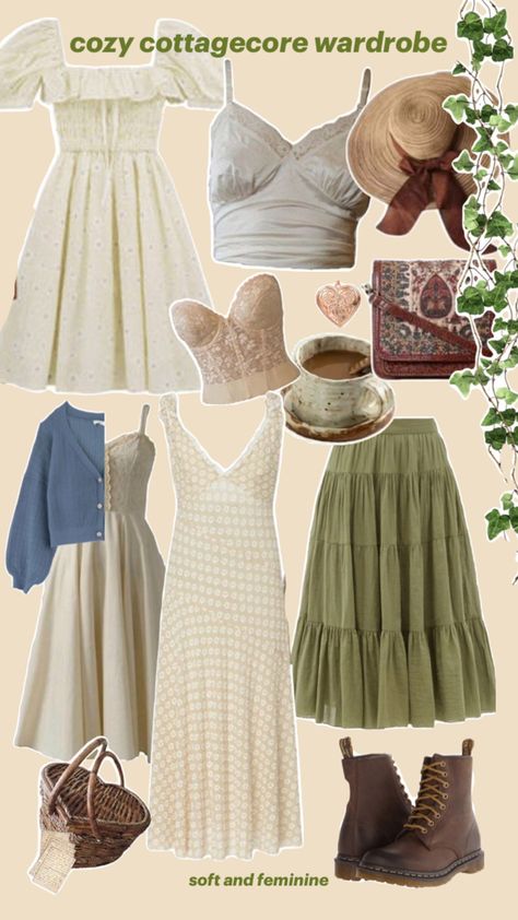 earthy garden style clothes, made up of green and warm cream tones. Neutral Earthy Tones Outfits, Earth Color Outfits Women, Earthy Tones Clothes, Outfits For Ireland In May, Earthy Cottagecore Outfits, Earth Tone Color Palette Outfit, Nature Core Outfits, Earth Tone Outfits Aesthetic, Earth Colors Outfit