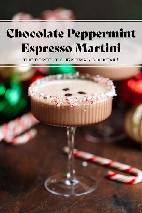 This Chocolate Peppermint Espresso Martini tastes like a boozy peppermint mocha and it's the perfect Christmas cocktail for Christmas eve or any holiday party and get-together. It's easy to make, cream, boozy, and so good! Made with Bailey's and homemade peppermint syrup, and chocolate syrup. Peppermint Espresso Martini, Peppermint Cocktail, Espresso Vodka, Baileys Drinks, Peppermint Vodka, Holiday Martinis, Crushed Candy Cane, Hot Chocolate Cocktail, Peppermint Martini