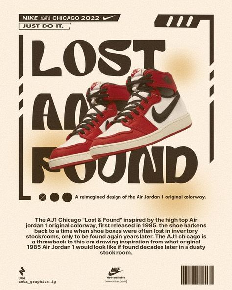 Sneaker Posters Vintage, Jordan Posters Shoes, Jordan Sneaker Poster, Clothing Design Aesthetic, Nike Lost And Found, Poster Nike Vintage, Nike Poster Aesthetic, Nike Print Design, Sneaker Poster Graphic Design