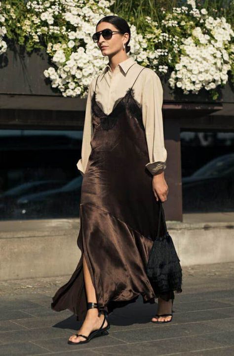 Slip Dress / Street style fashion / fashion week #fashionweek #fashion #womensfashion #streetstyle #ootd #style  / Pinterest: @fromluxewithlove Slip Dress Street Style, White Chemise, Beige Outfits, Slip Dress Outfit, Comfort Fashion, Street Dress, Travel Comfort, Camisole Dress, 가을 패션