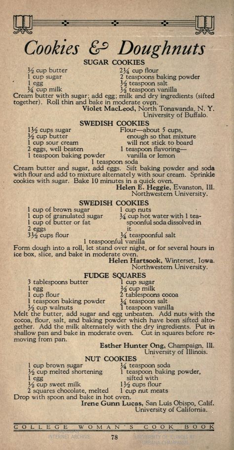 The college woman's cook book. - Full View | HathiTrust Digital Library | HathiTrust Digital Library Swedish Cookies, Diy Dessert, Heirloom Recipes, Famous Recipe, Vintage Cooking, Grandmas Recipes, Recipe Books, Old Fashioned Recipes, Vintage Cookies